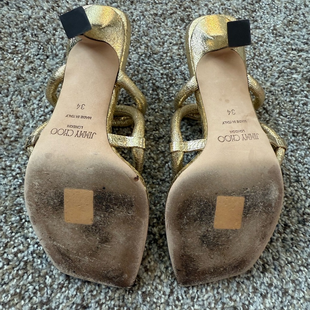 Jimmy Choo Gold Crackled Cape 70 Heeled Strappy Sandals 34 4 Like New - Picture 10 of 10